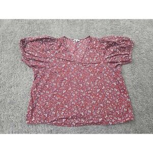 Madewell Top‎ Womens 1X PLUS Red Floral V-Neck Puff Short Sleeve Boho